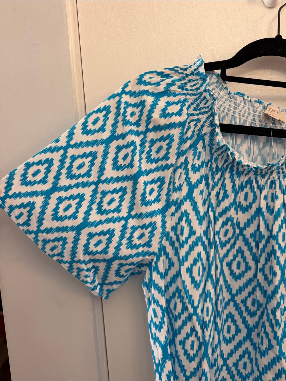 LOFT Turquoise and White Ikat Peasant Top - Picture 5 of 8